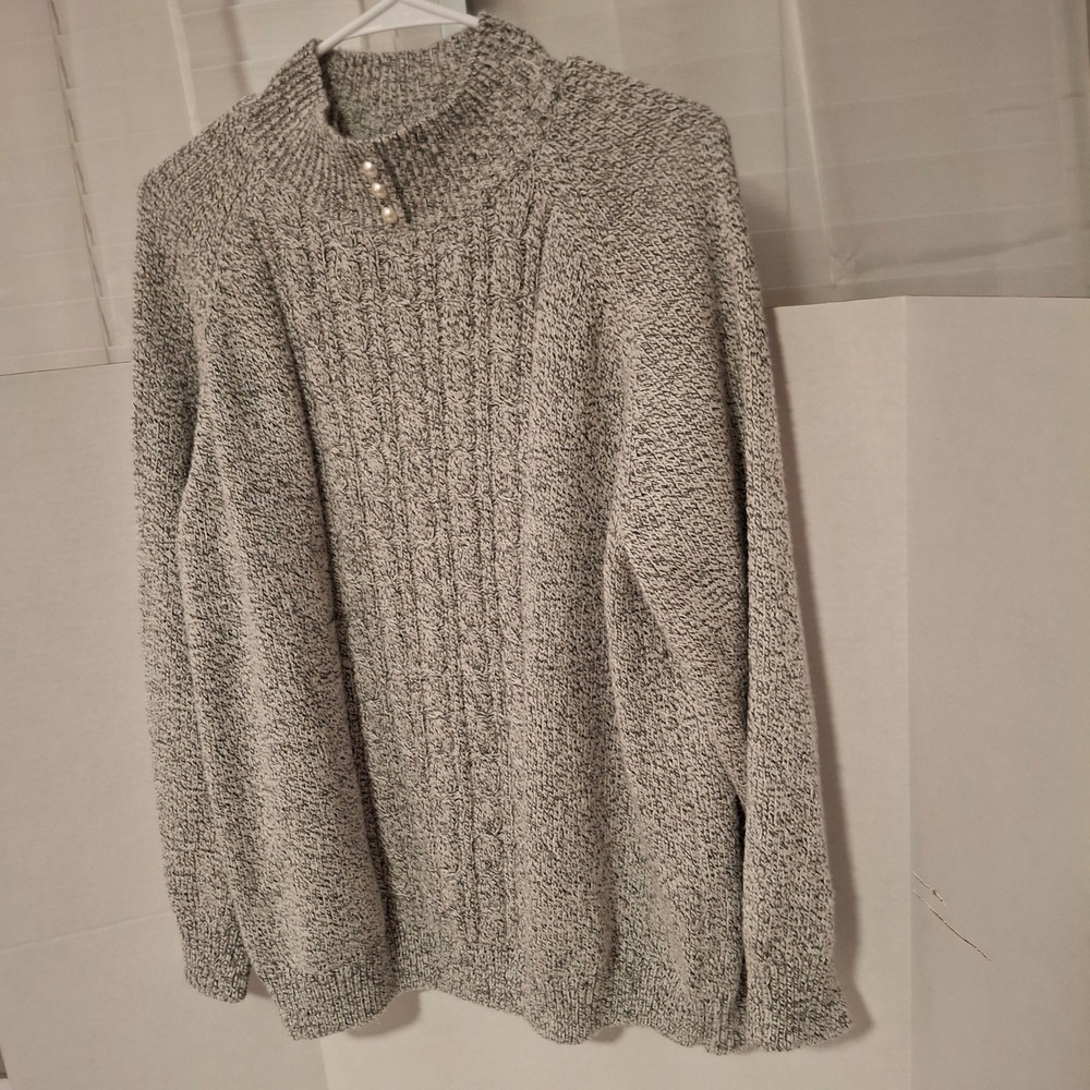 Rebecca Malone Woman Gray Marl Cable Knit Mock Neck Pearl Button Sweater 1X